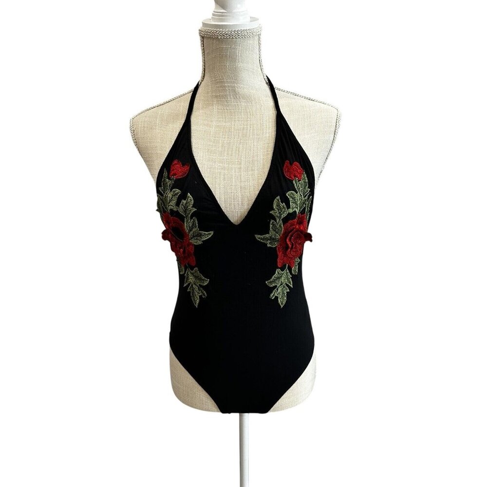 Forever 21 Black Floral Embroidered Halter Bodysuit Womens S